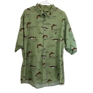 Cabela’s 100% Cotton Short Sleeved Fish Print Button Down Pocket Green Mens X-Lg